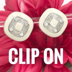 White Square Rhinestone Silver Clip On Earrings